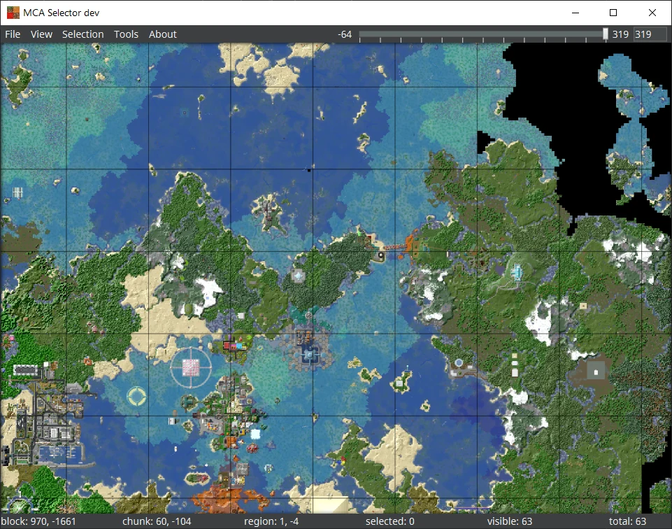 The same Minecraft landscape zoomed out to show large region boundaries