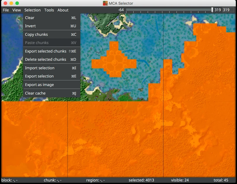 Highlighted chunks and the MCA Selector selection menu