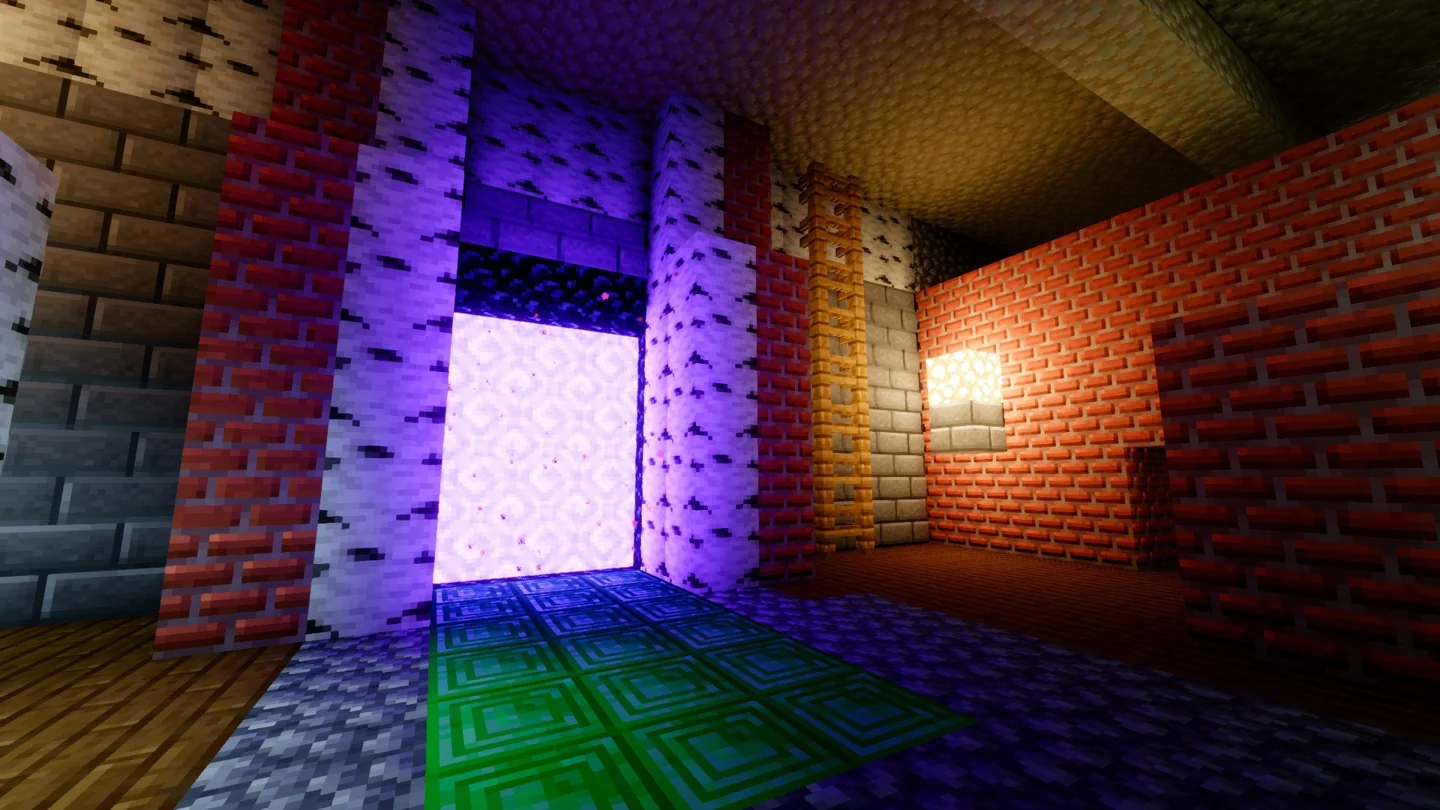 Purple Nether portal light beside a warm lamp in a brick and birch room