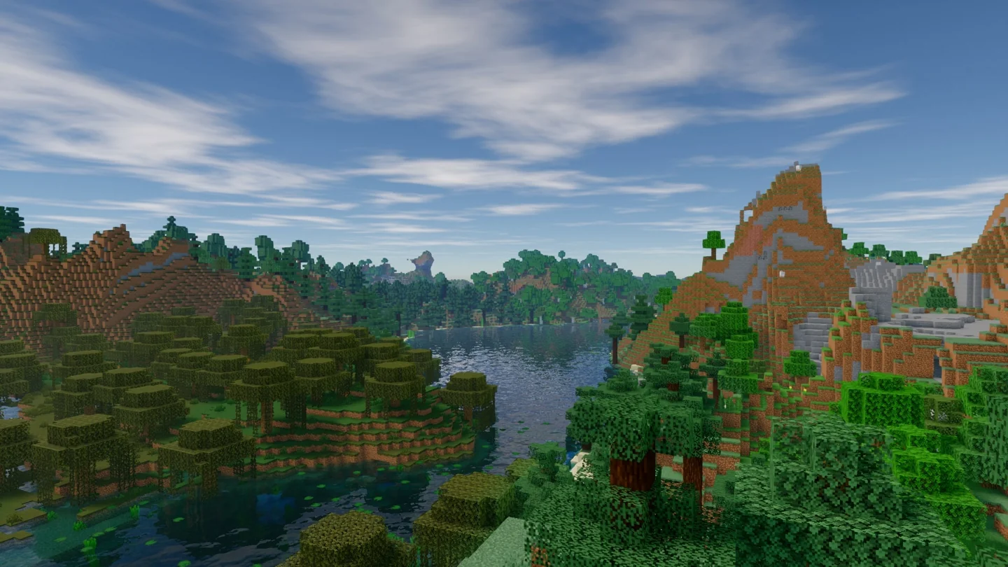 Glimmer landscape with forest, hills, reflective lake and textured clouds