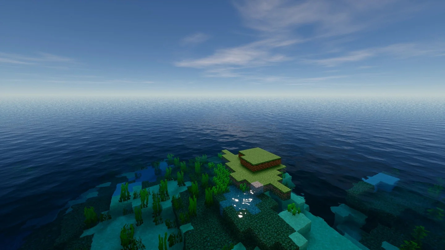 Small grassy island surrounded by Glimmer Infinite Ocean water fading toward the horizon