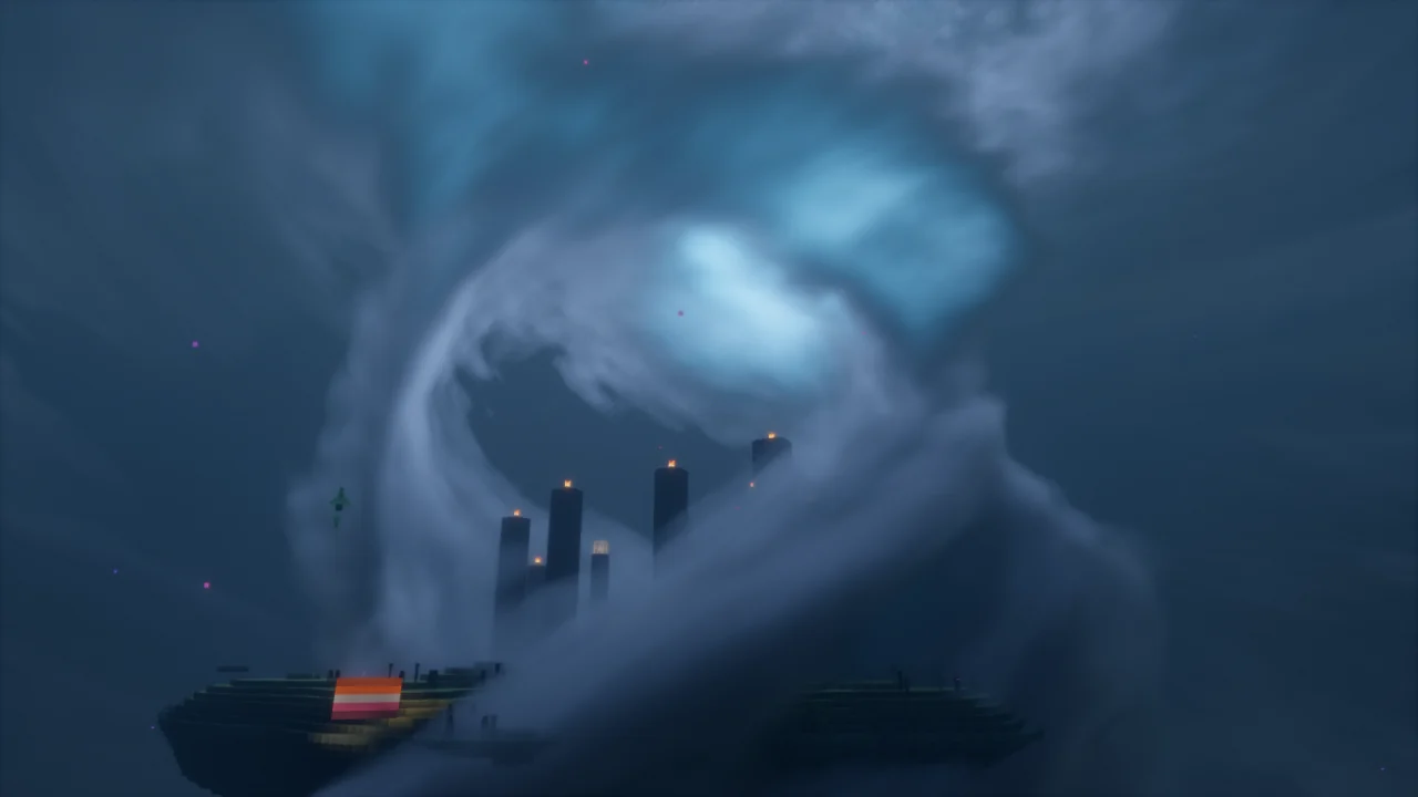 End island and obsidian pillars beneath a dramatic swirling sky in Bliss Shaders