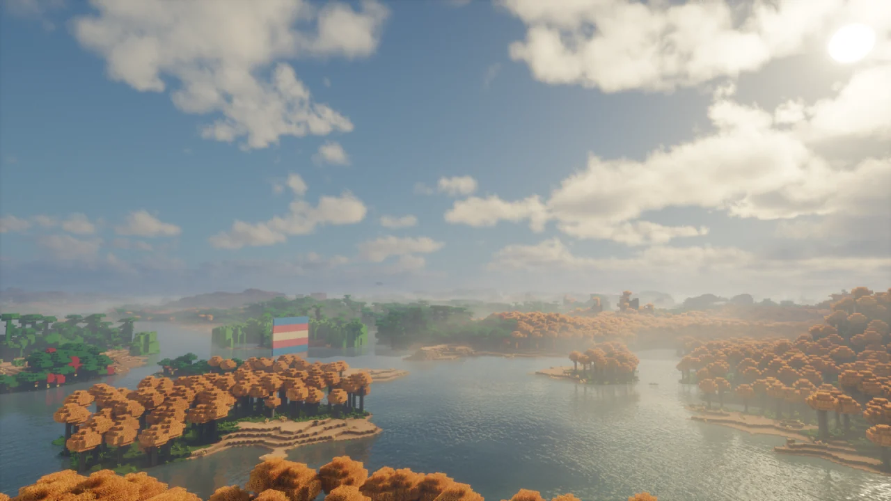 Wide river and distant mountains in a Bliss Shaders example using Distant Horizons