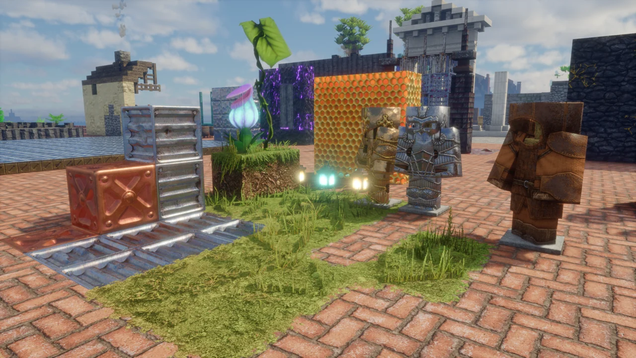 Detailed stone path, blocks and foliage rendered with Bliss and Patrix 128x