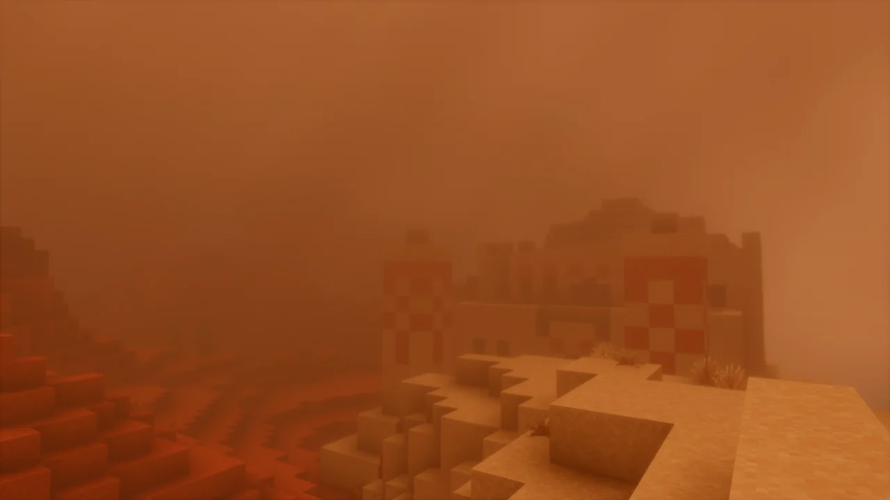 Desert village partly obscured by orange sandstorm haze in Bliss Shaders