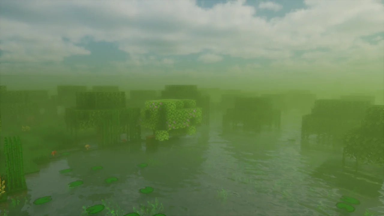 Swamp water and trees under green atmospheric haze in Bliss Shaders
