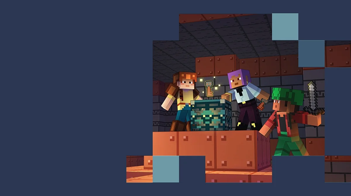 Mojang artwork showing players beside a Trial Spawner in a copper-lined chamber