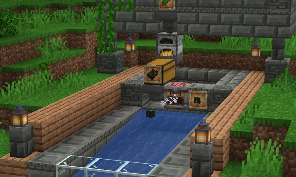 An official Minecraft crafter contraption built over a small water channel