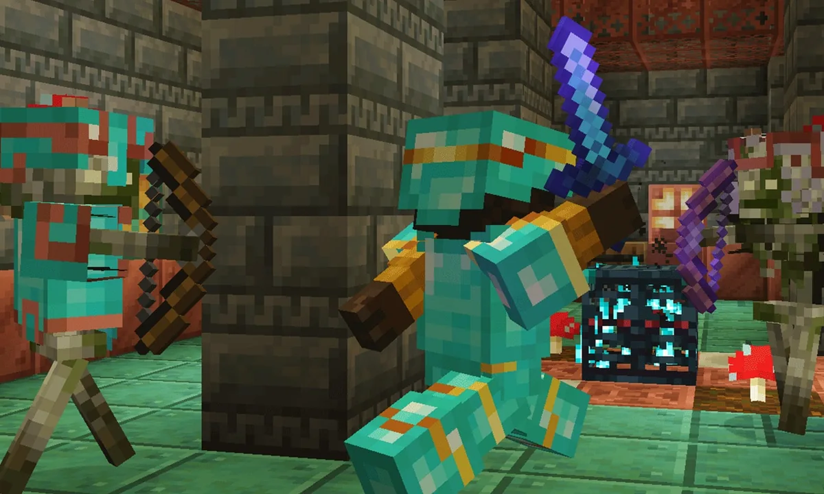 Armored enemies surround a player beside an ominous trial spawner