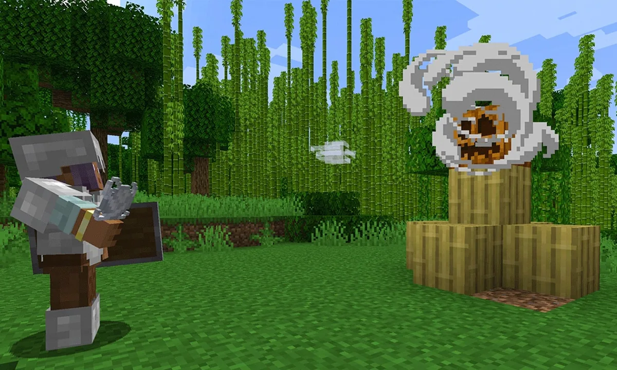 A player throws a wind charge toward bamboo in an official Minecraft scene