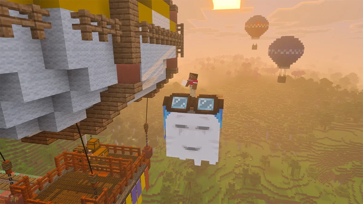 A player builds beside an airship while standing on a happy ghast