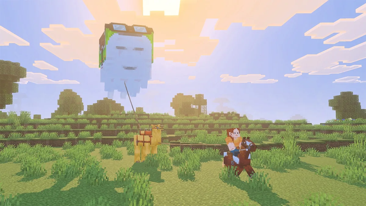 A mounted player traveling with connected animals and a happy ghast