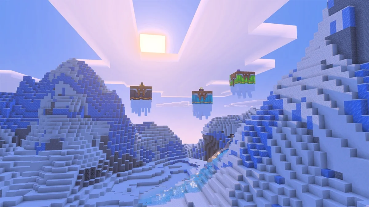 Harnessed happy ghasts carrying players above a mountain landscape