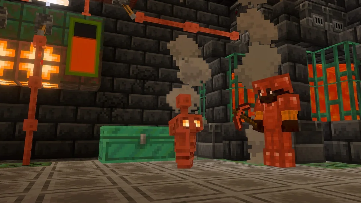A copper golem in a copper-themed workshop with storage and tools