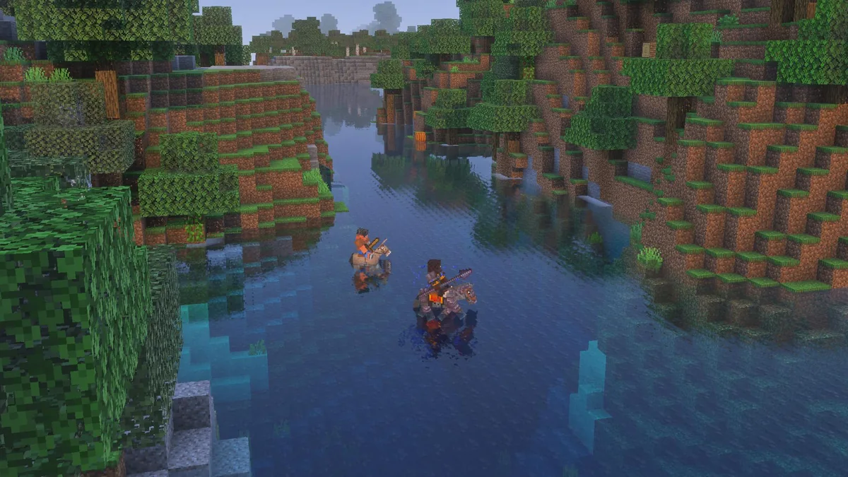 Riders crossing water on land mounts in the official Mounts of Mayhem gallery