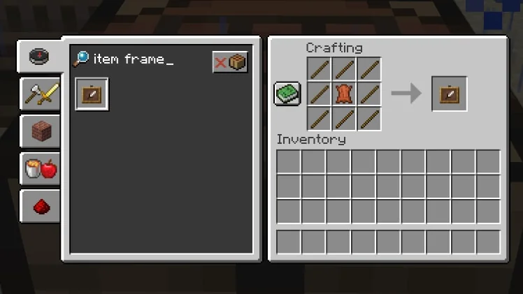 Official Minecraft crafting screen showing one leather surrounded by eight sticks to make an item frame