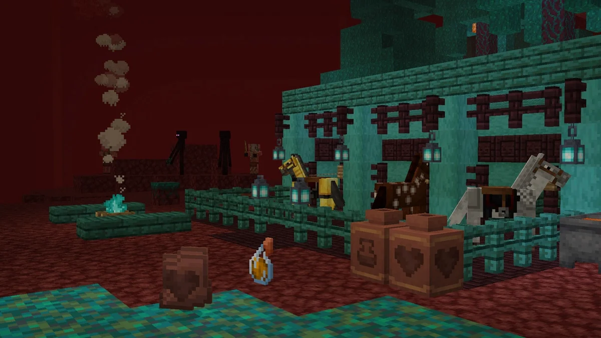 A decorated pot used as a fire-resistance potion cache in a Nether room