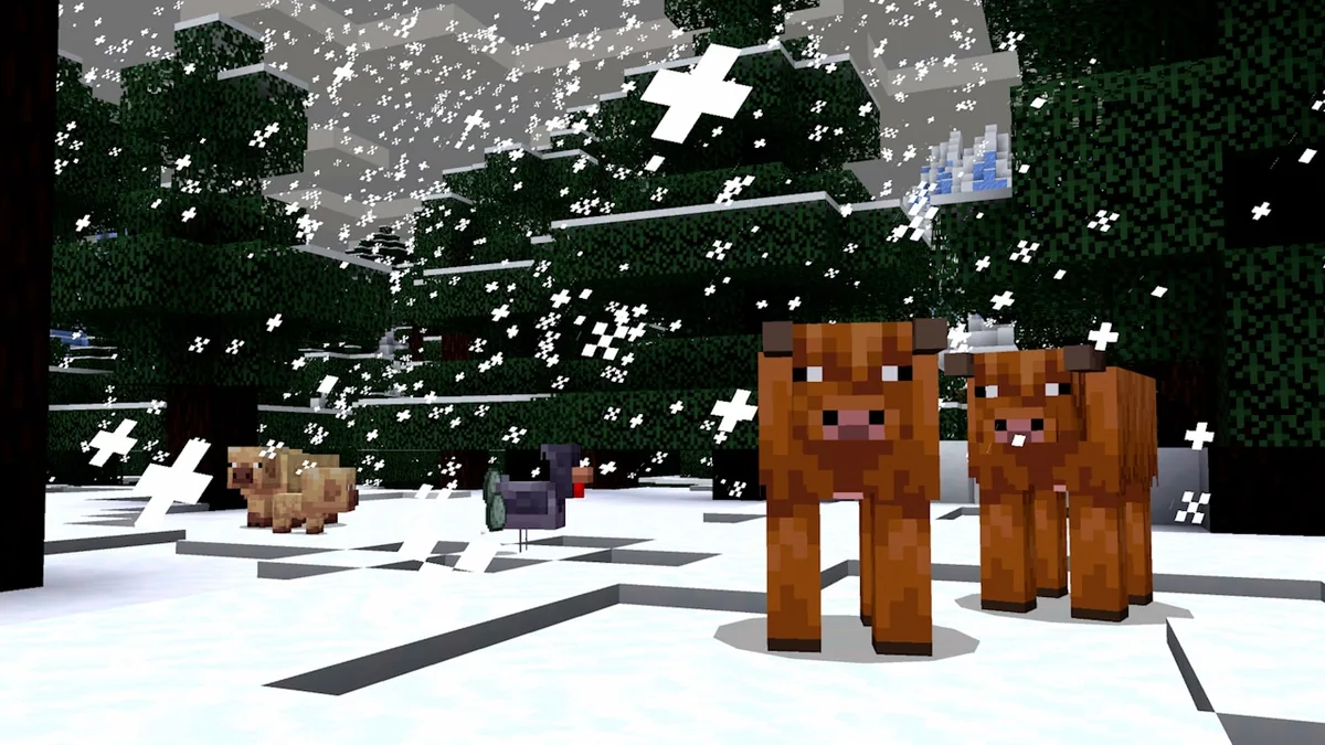 Cold chicken, cow and pig variants in a snowy landscape
