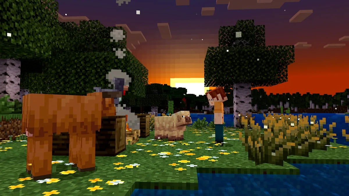 A player and cold farm animals beside firefly bushes at dusk