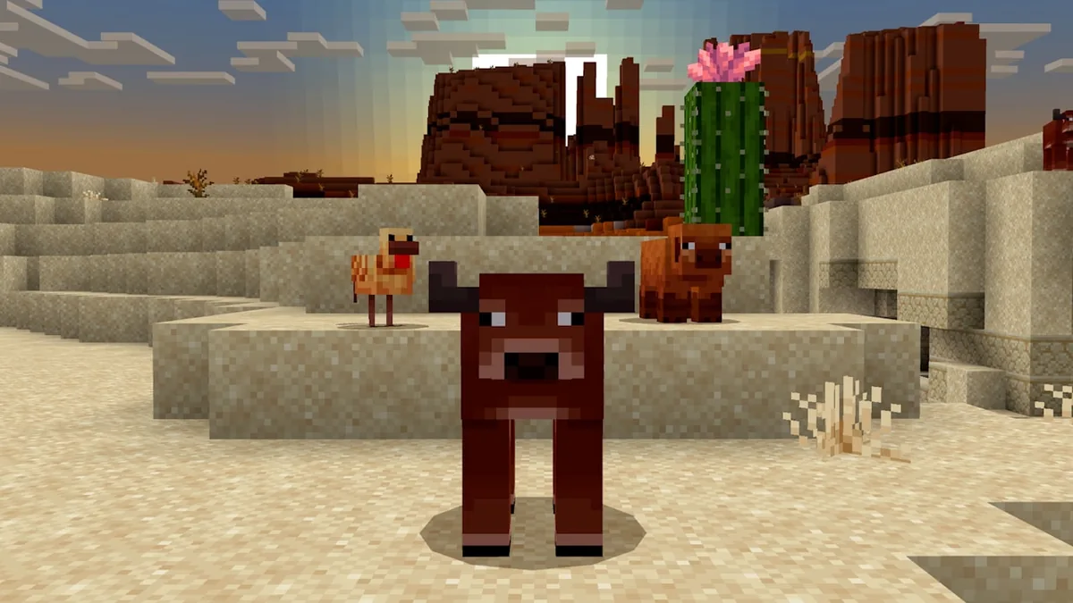 Warm cow, chicken and pig variants in an official desert scene