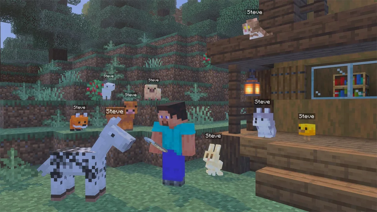 Animals displaying name tags beside Steve