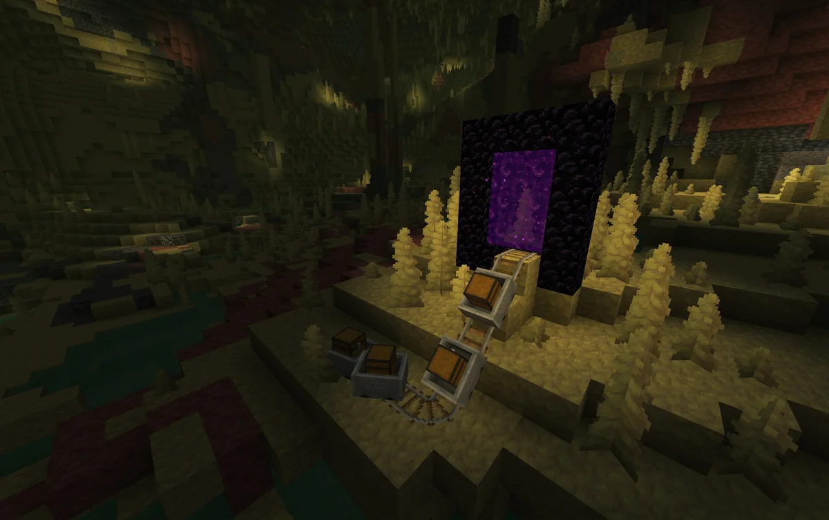 Minecarts with chests in a yellow and red sulfur cave