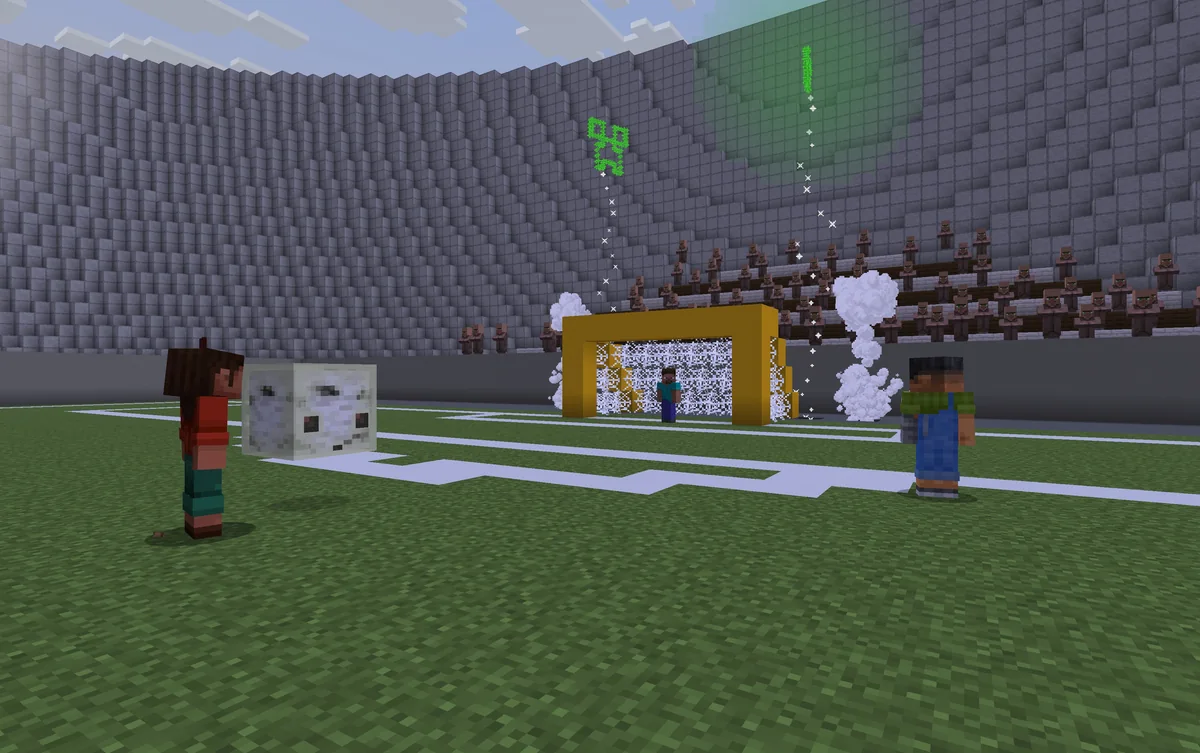 Players using a wood-filled sulfur cube as a football in a stadium