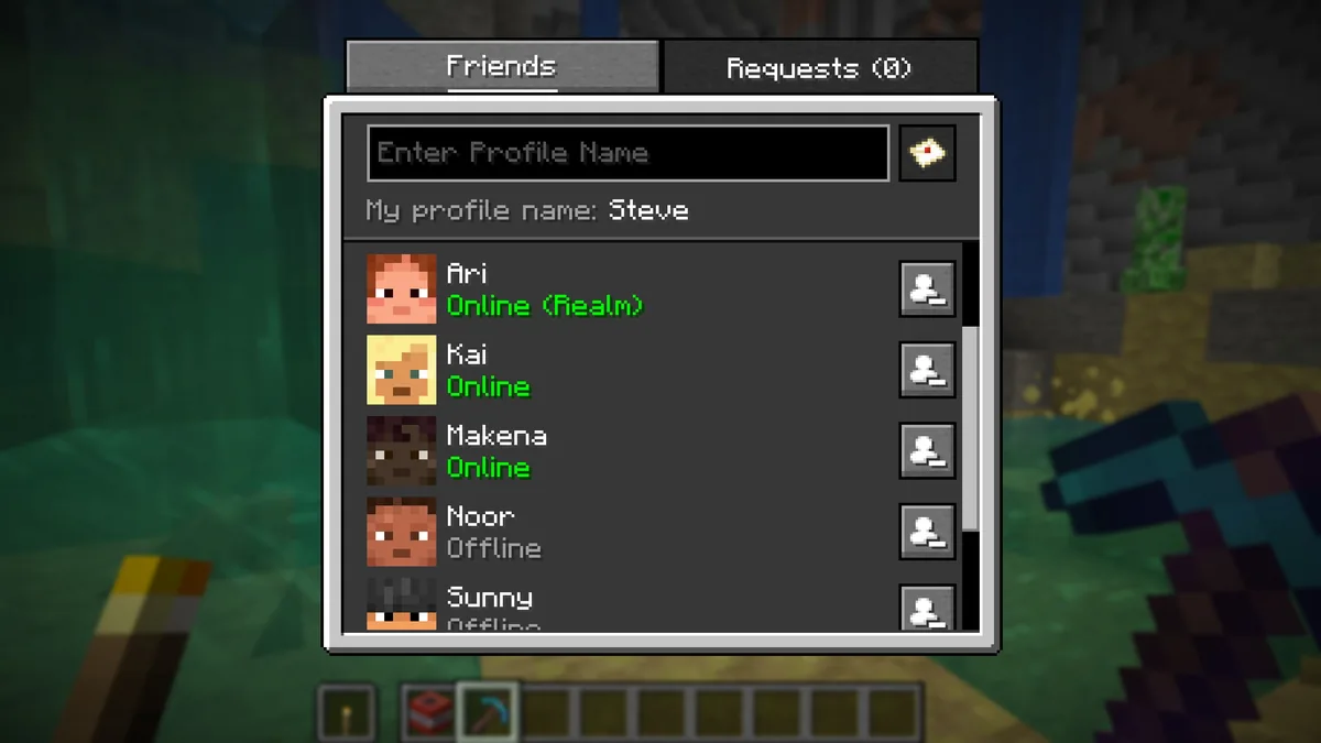 Java 26.2 Friends List showing friends and their activity states