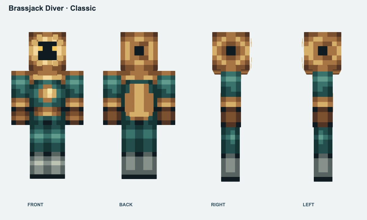 Brassjack Diver: front, back and both sides