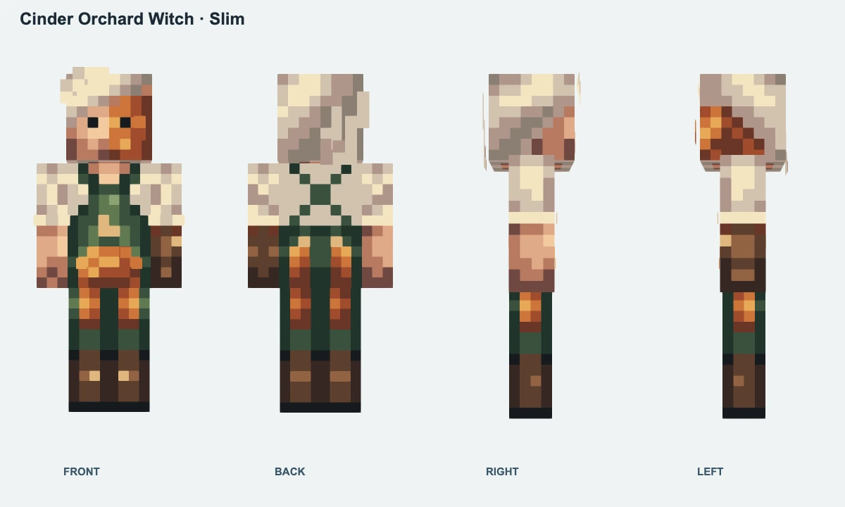 Cinder Orchard Witch: front, back and both sides