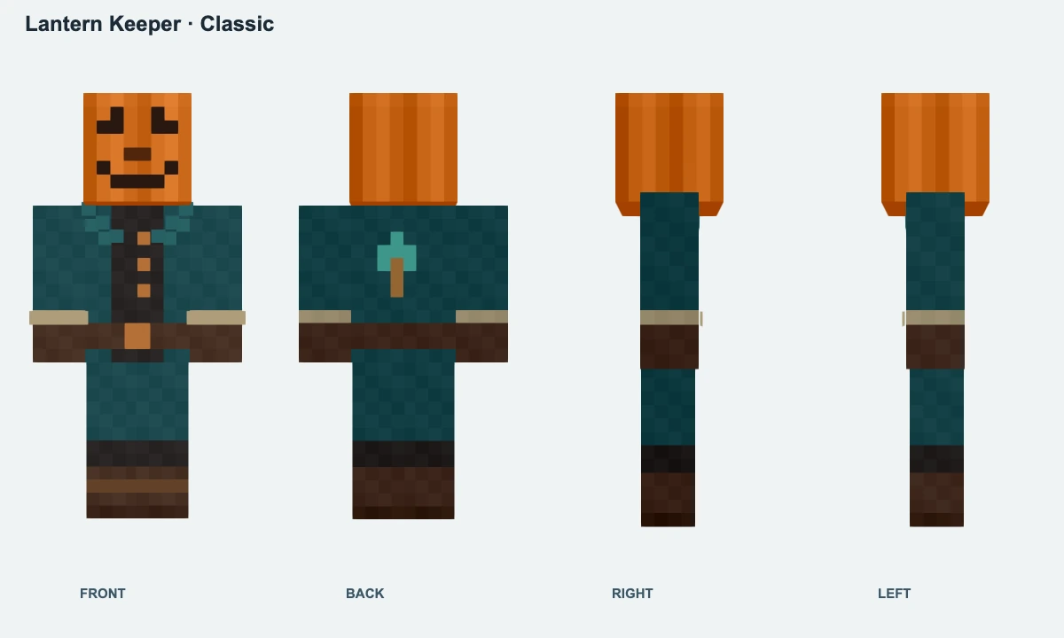 Lantern Keeper pumpkin skin with teal coat, shown from the front, back and both sides on the Classic model