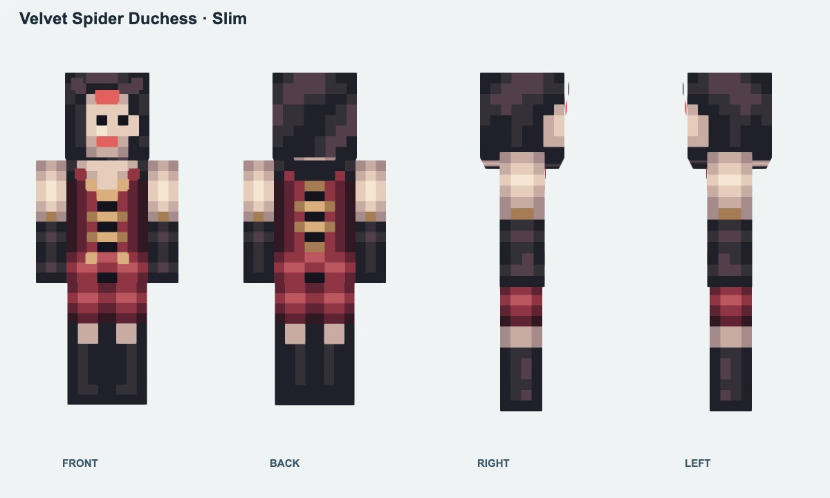 Velvet Spider Duchess: front, back and both sides
