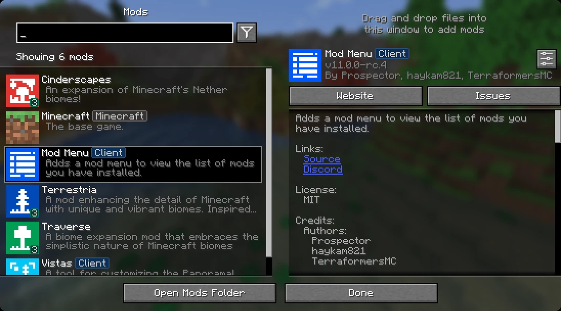 Official Mod Menu screenshot with searchable mod list on the left and selected mod details and configuration icon on the right