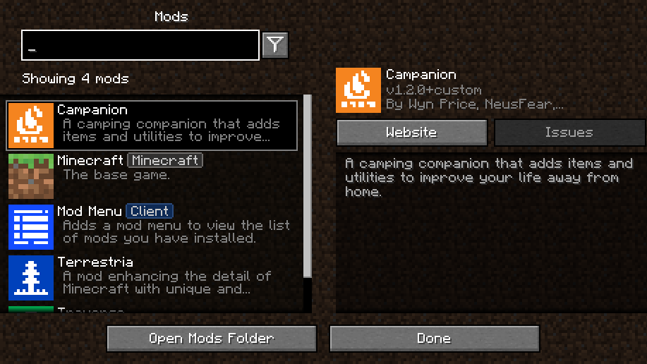 Older official Mod Menu screen with Campanion selected, description and website links but no configuration icon