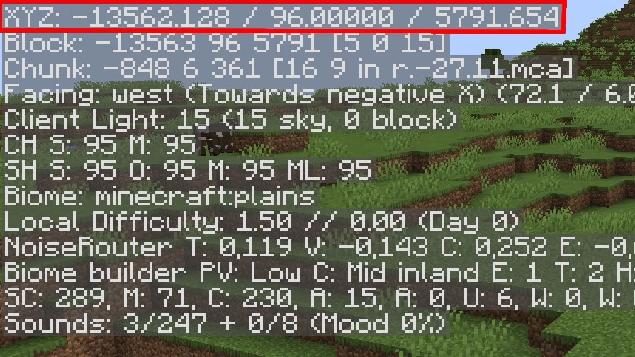 Mojang example of the Java debug screen showing where to read XYZ coordinates