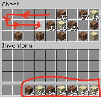 Mouse Tweaks shift-drag example showing multiple chest stacks moved into the player inventory