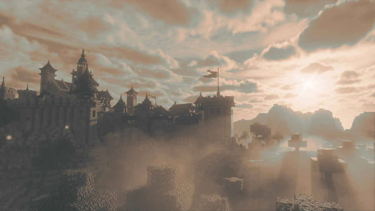 Castle lit through atmospheric haze with a warm palette