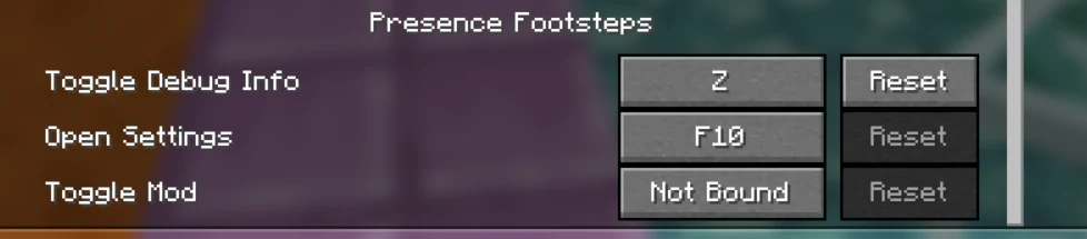 Presence Footsteps controls in Minecraft 26.2, showing Open Settings on F10 and an unbound Toggle Mod