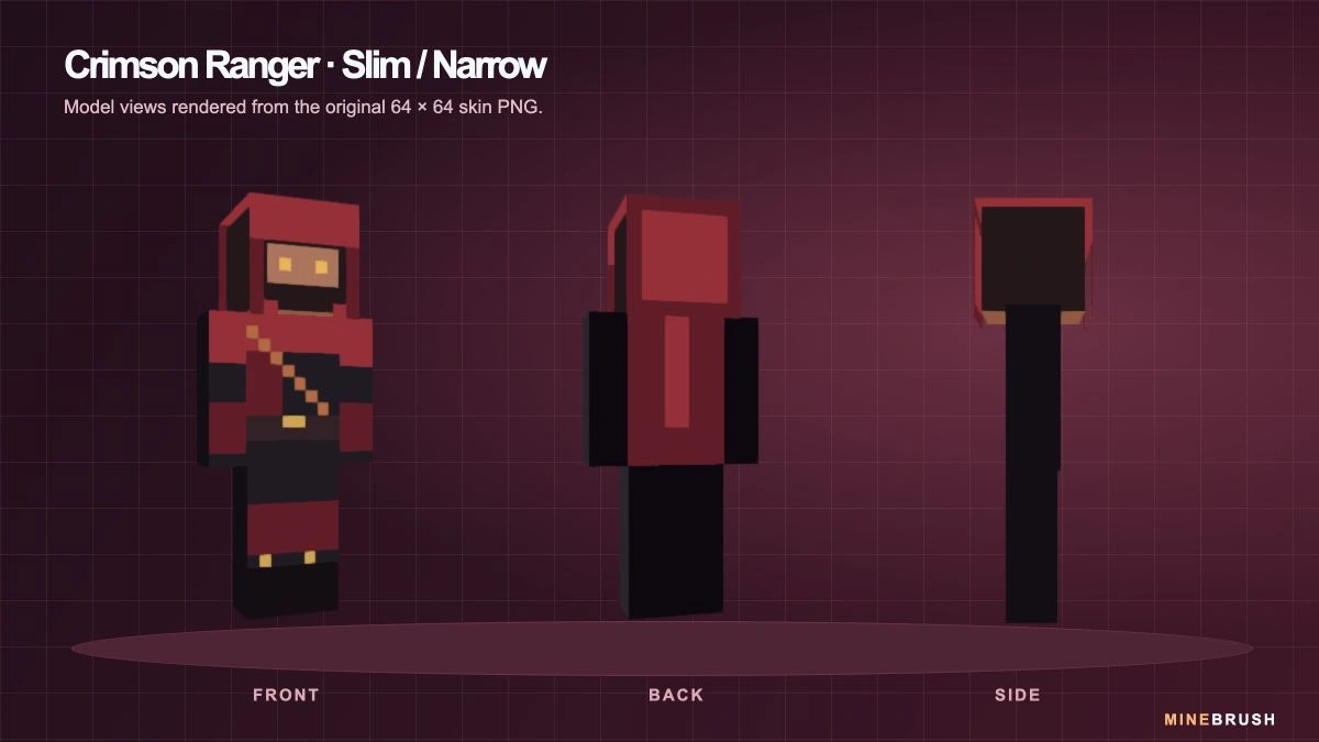 Crimson Ranger original skin rendered from the front, back and side using the Slim arm model