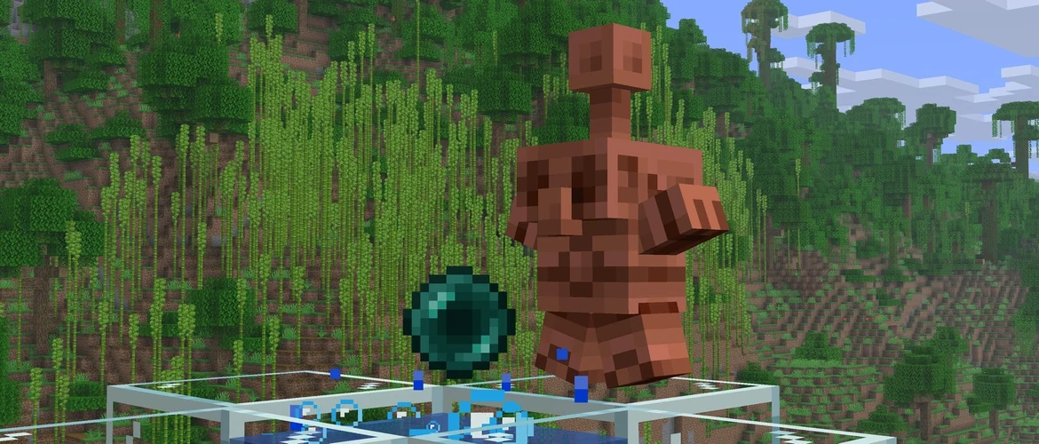 Mojang final 1.21.10 announcement image with a copper golem statue and an ender pearl over a bubble column