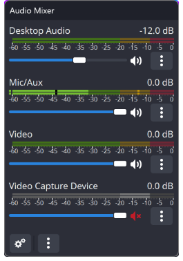 Official OBS Audio Mixer showing separate audio sources, meters and mute controls