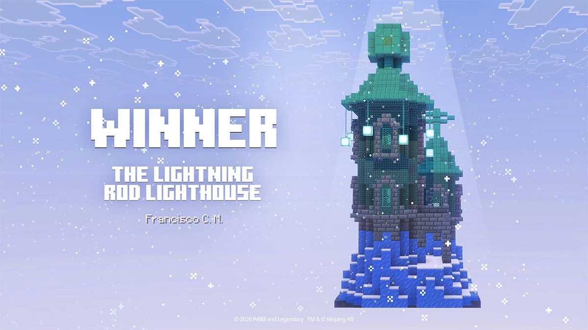 Official showcase graphic for Francisco C.M.'s Lightning Rod Lighthouse, showing the build and its icy setting