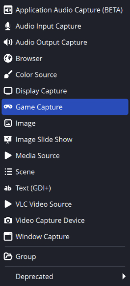 Official OBS Sources menu with Game Capture selected