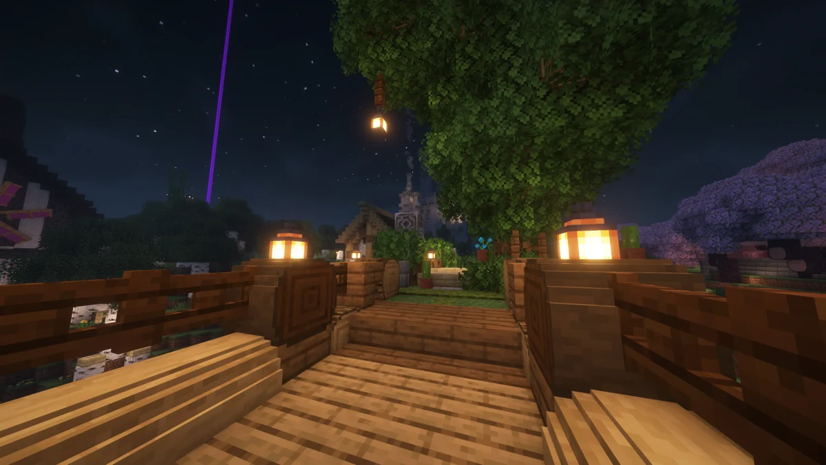 A timber walkway with rounded log posts and lanterns