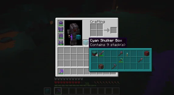 Author screenshot of cyan shulker box full preview with tools and blocks in their original slots