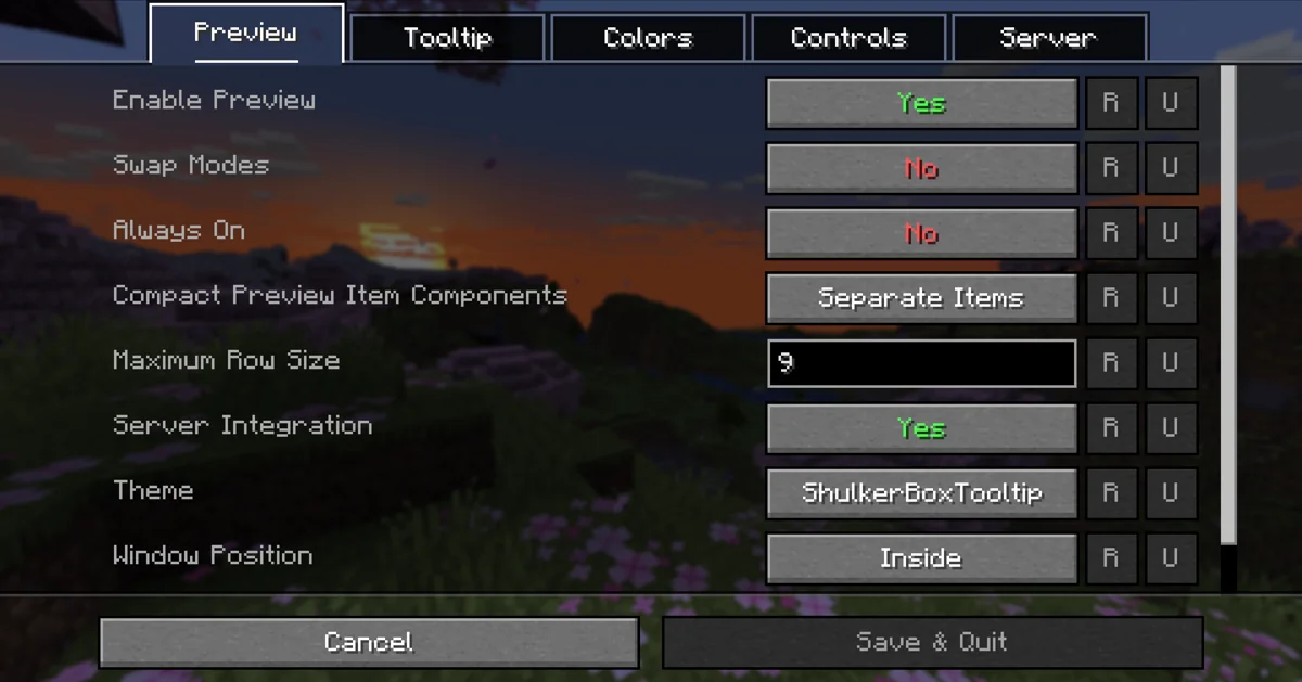 Author configuration screen showing preview modes, item separation, row size, server integration and window position