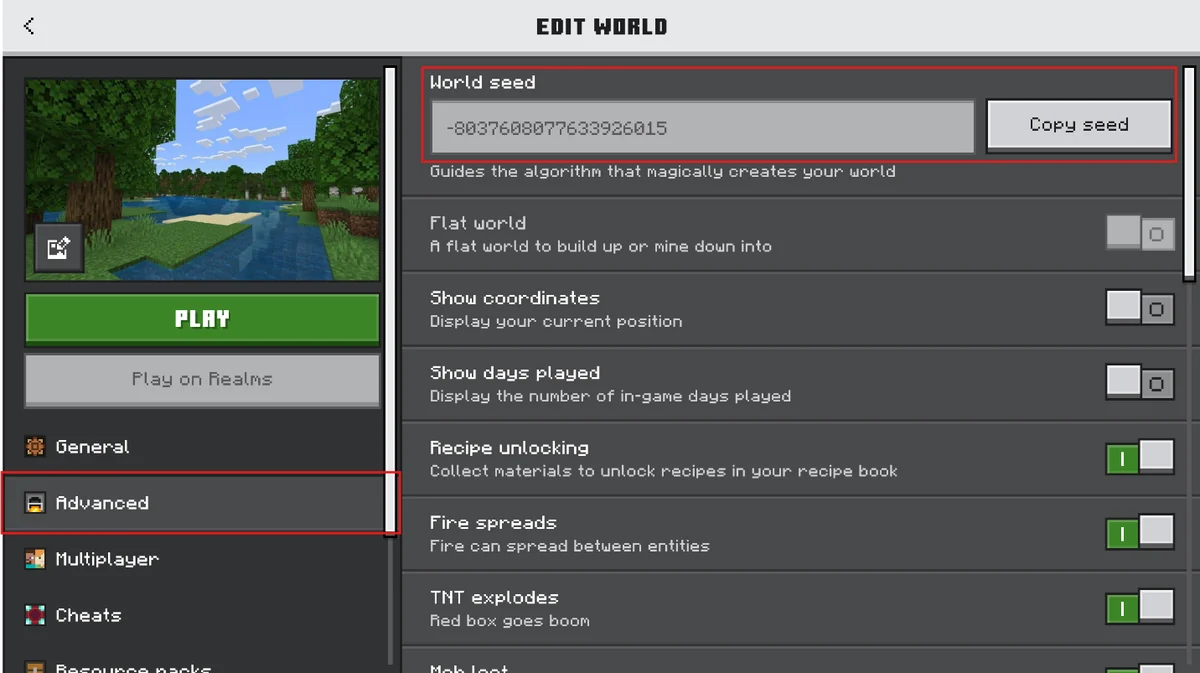 Bedrock Edit World Advanced panel showing World seed, Copy seed and Show coordinates