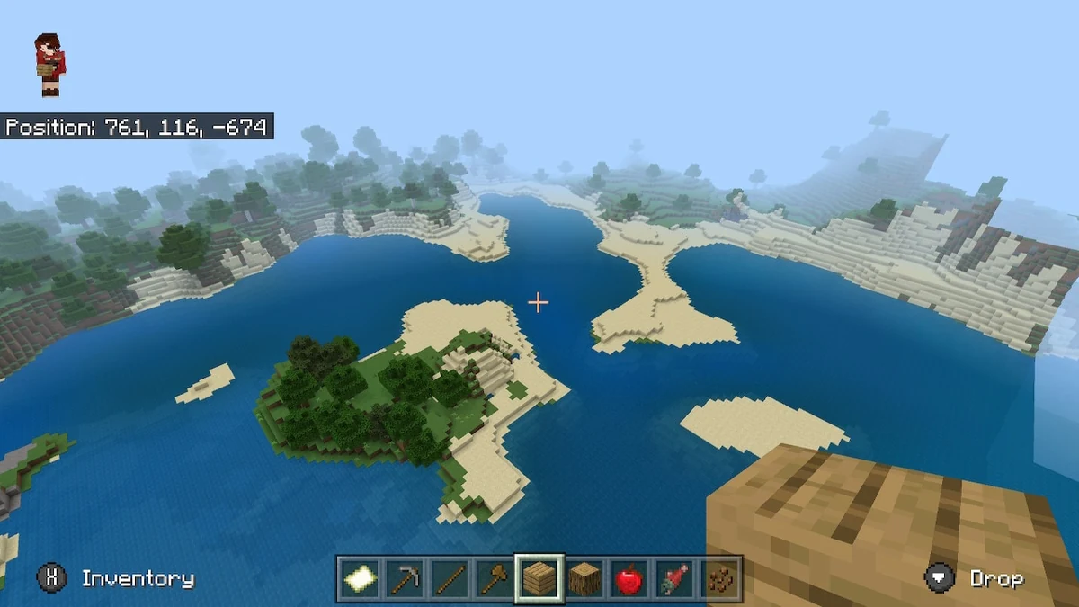 Aerial Minecraft bay with islands, beaches and wooded slopes to compare travel options