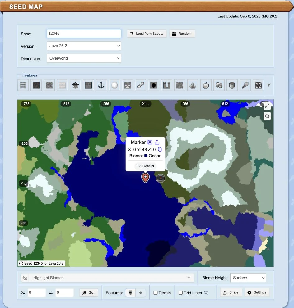 Chunkbase Seed Map with seed 12345, Java 26.2, Overworld and a coordinate marker