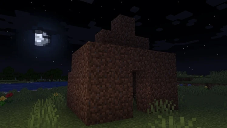 Simple dirt shelter in Minecraft at night, with an open doorway